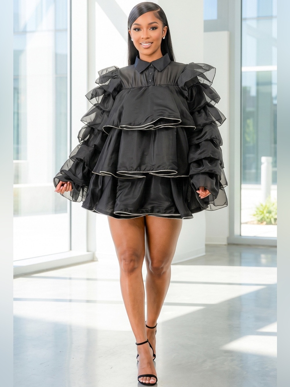 Black Tiered Ruffle Mini Dress with Contrast Trim - Women